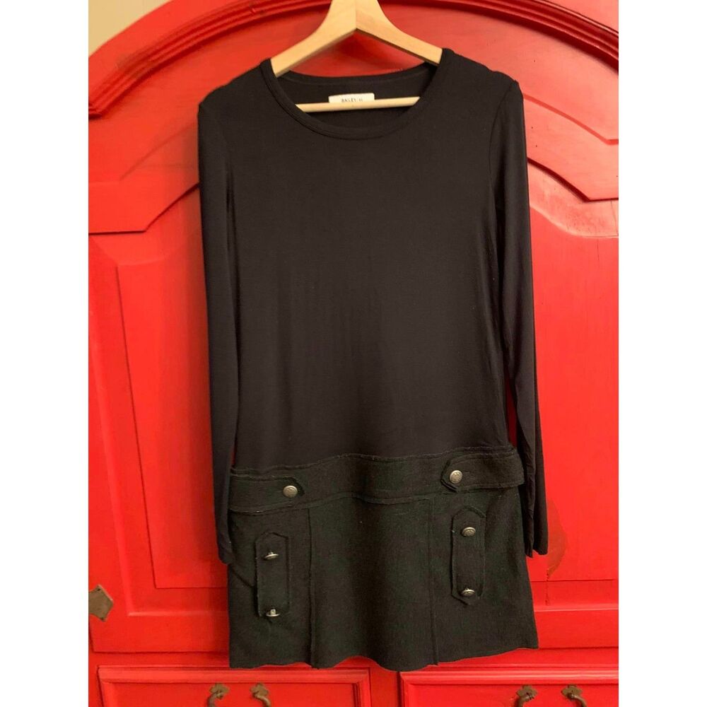Bailee/44 Size Small Mod Style Black Dress Silver Buttons Super Soft Bodice EUC